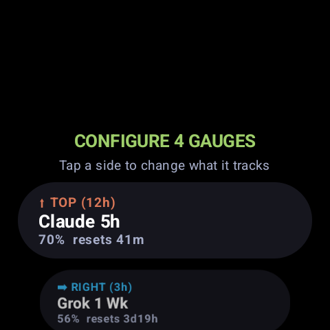 The watch app gauge configuration screen: cards for TOP, RIGHT, BOTTOM and LEFT, each naming the limit it tracks.