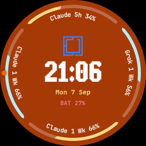 The same watch face on a deep orange background, its gauges drawn in gold and ice blue instead of green and blue.