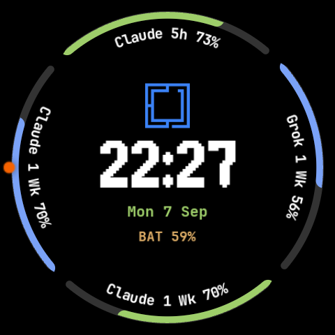 The Omarchy AI watch face on a Galaxy Watch: four quota arcs around the rim on a black ground, each labelled with an agent and a percentage, a large pixel clock in the middle.