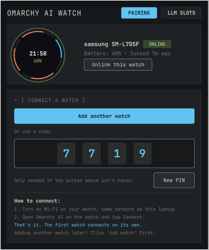 The widget panel, Pairing tab: a live preview of the watch face, the paired device with its battery and last sync, an Add another watch button, a four-digit fallback code, and the how-to-connect steps.